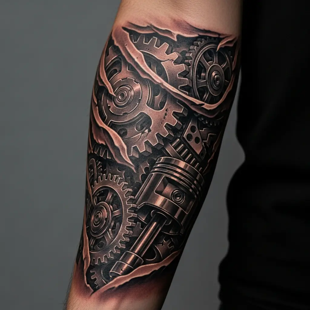 Hyperrealistisches 3D Tattoo mit biomechanischem Motiv auf dem Unterarm