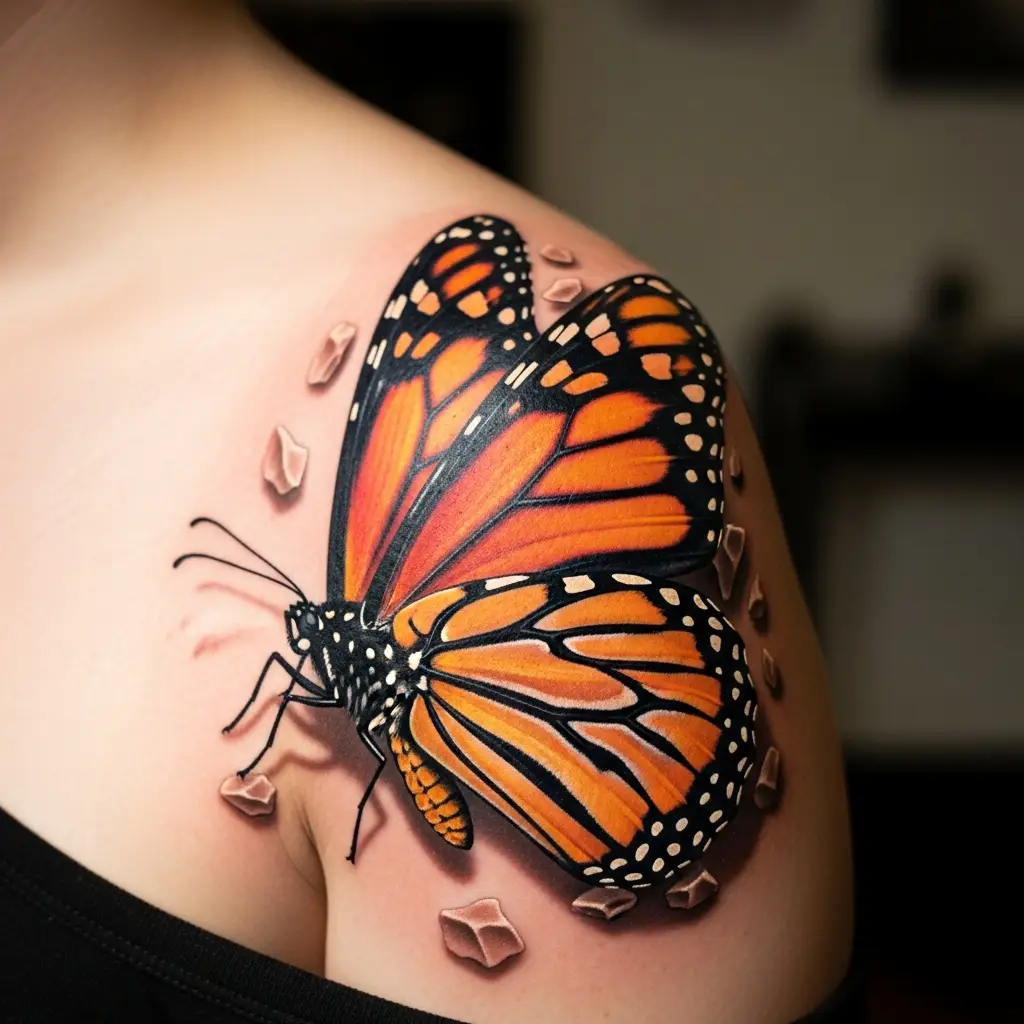 3D Tattoo eines hyperrealistischen Schmetterlings auf der Schulter einer Frau