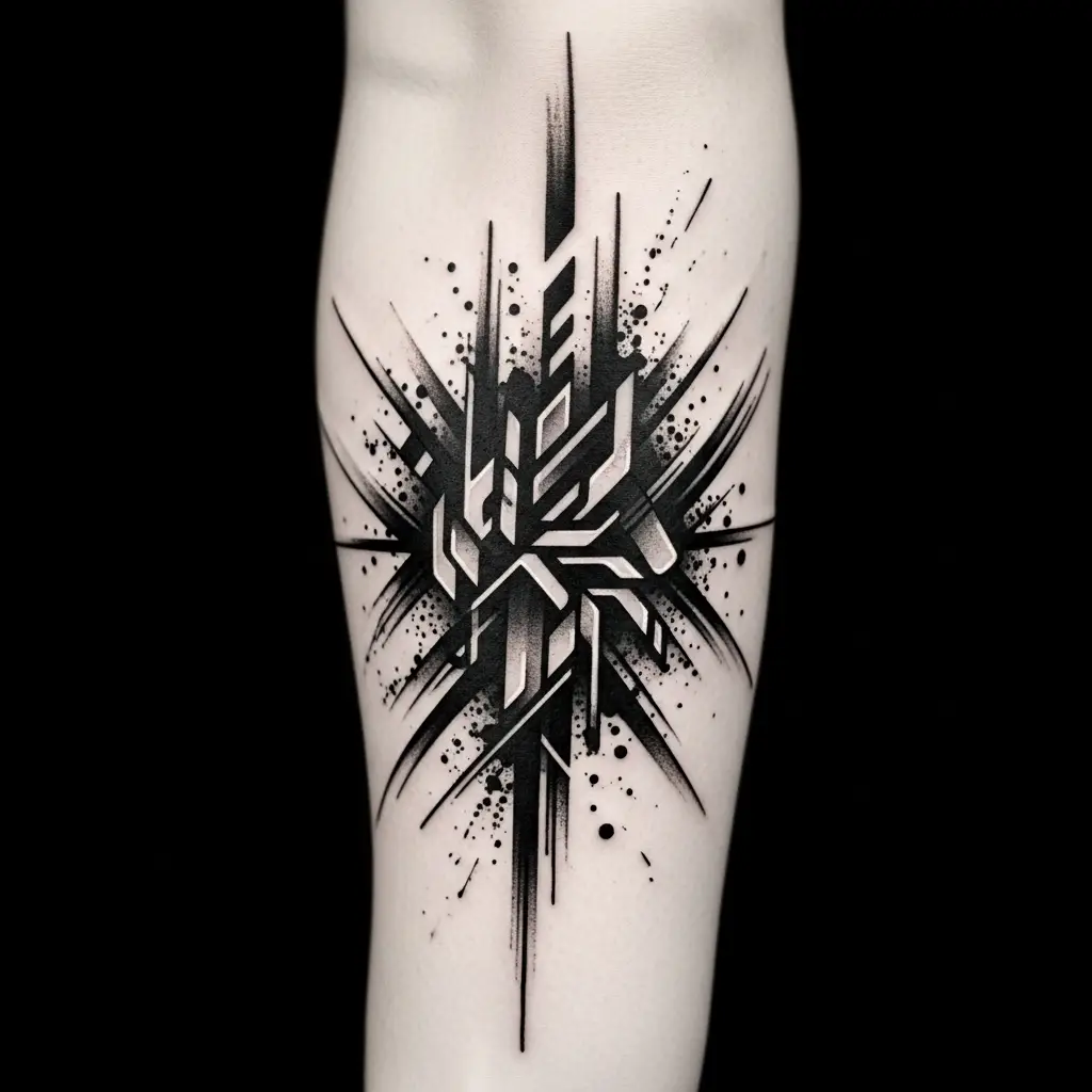 Abstract Blackwork Tattoo mit expressiven Pinselstrichen am Unterarm