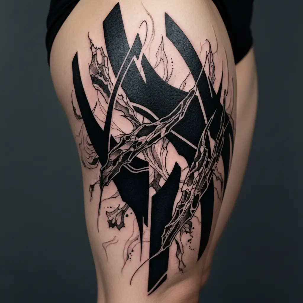 Grossflächiges Abstract Blackwork Tattoo auf dem Oberschenkel mit Negativraum