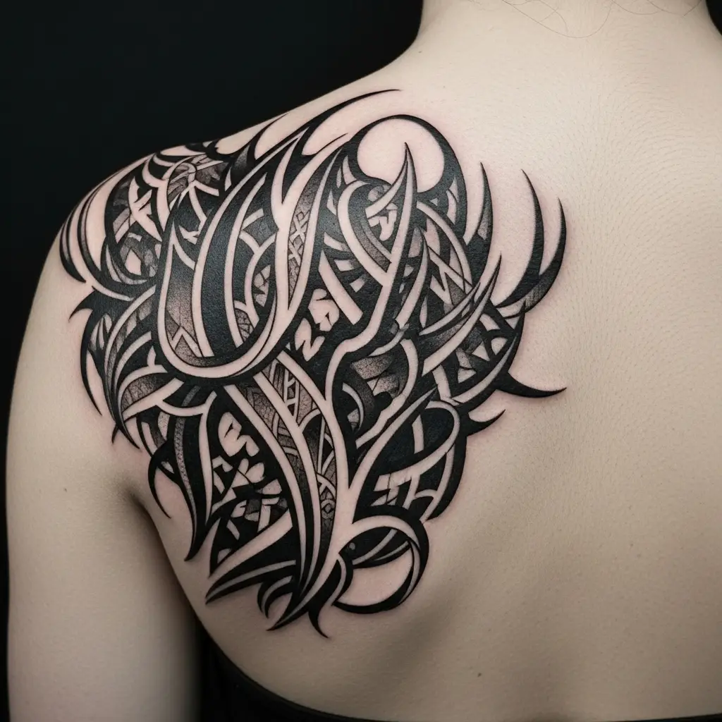 Abstract Blackwork Schulterblatt-Tattoo mit dynamischen Linien und Flächen