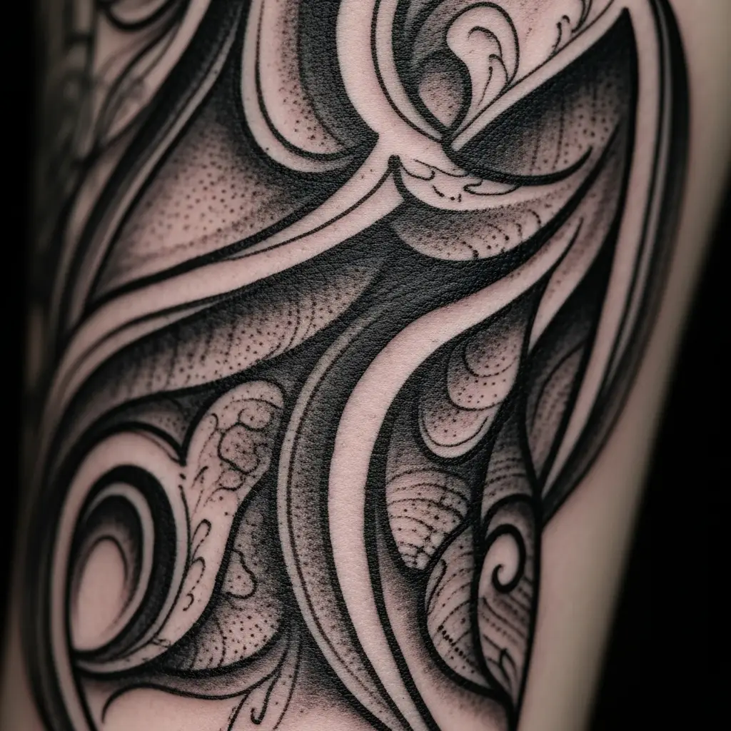 Detailaufnahme Abstract Blackwork Tattoo mit Grauabstufungen und Tintentextur