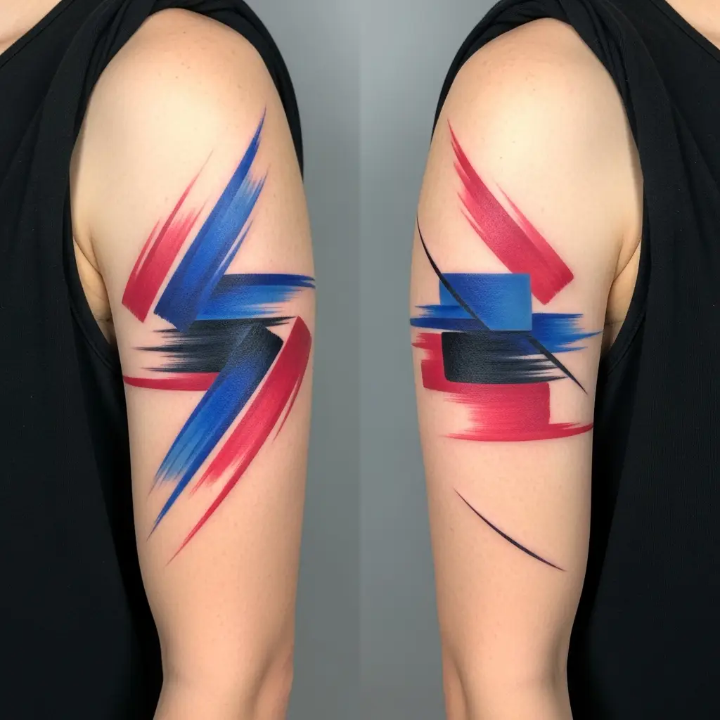 Grossflächiges Abstract Tattoo mit geschwungenen Linien und Farbflächen auf dem Oberarm