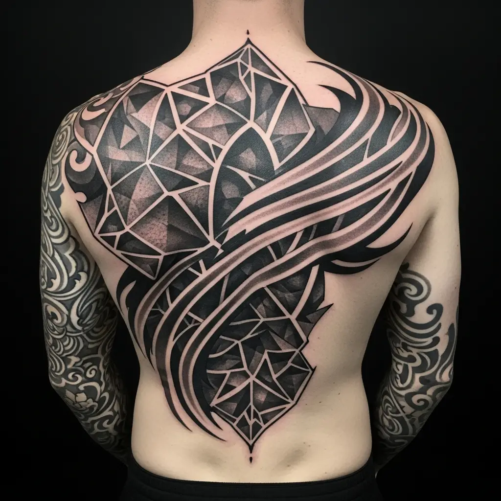 Abstract Tattoo in Schwarz-Grau mit geometrischen Formen und Whip-Shading auf dem Ruecken