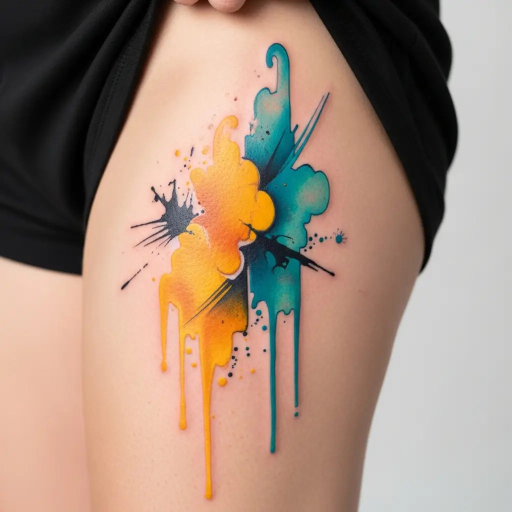 Farbiges Abstract Tattoo im Aquarell-Stil auf dem Oberschenkel einer Frau
