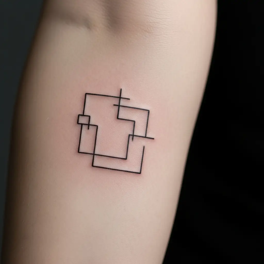 Kleines minimalistisches Abstract Tattoo mit Einzellinien auf dem Unterarm