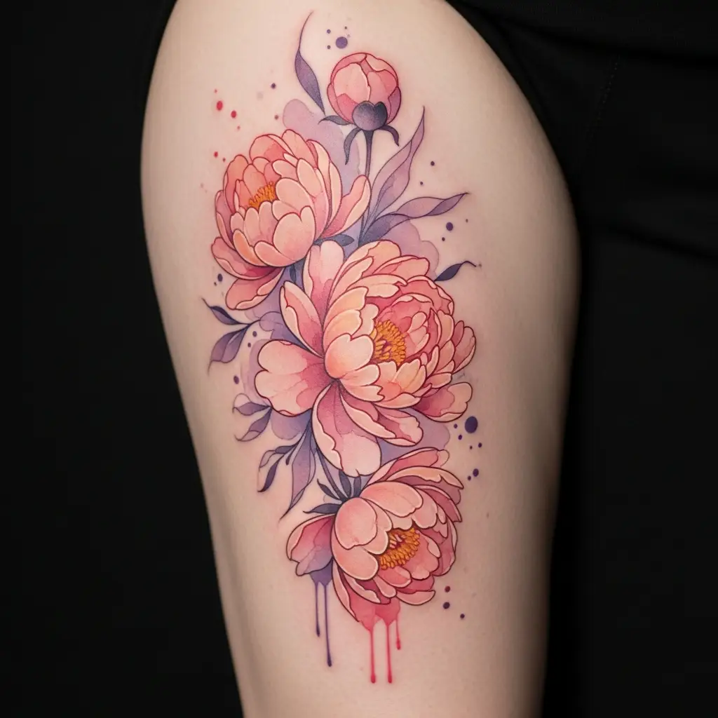 Abstract Watercolor Tattoo mit fliessenden Blumenfarben am Oberschenkel