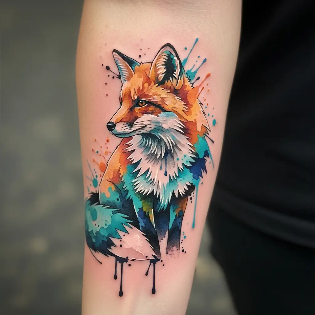 Abstract Watercolor Tattoo eines Fuchses mit Farbsplashs auf dem Unterarm