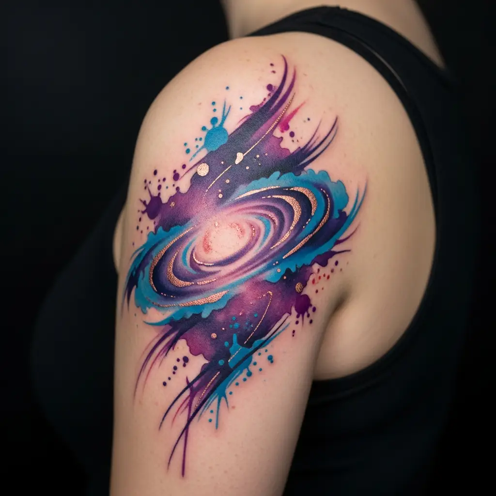 Grossformatiges Abstract Watercolor Tattoo mit Galaxienmotiv auf dem Schulterblatt