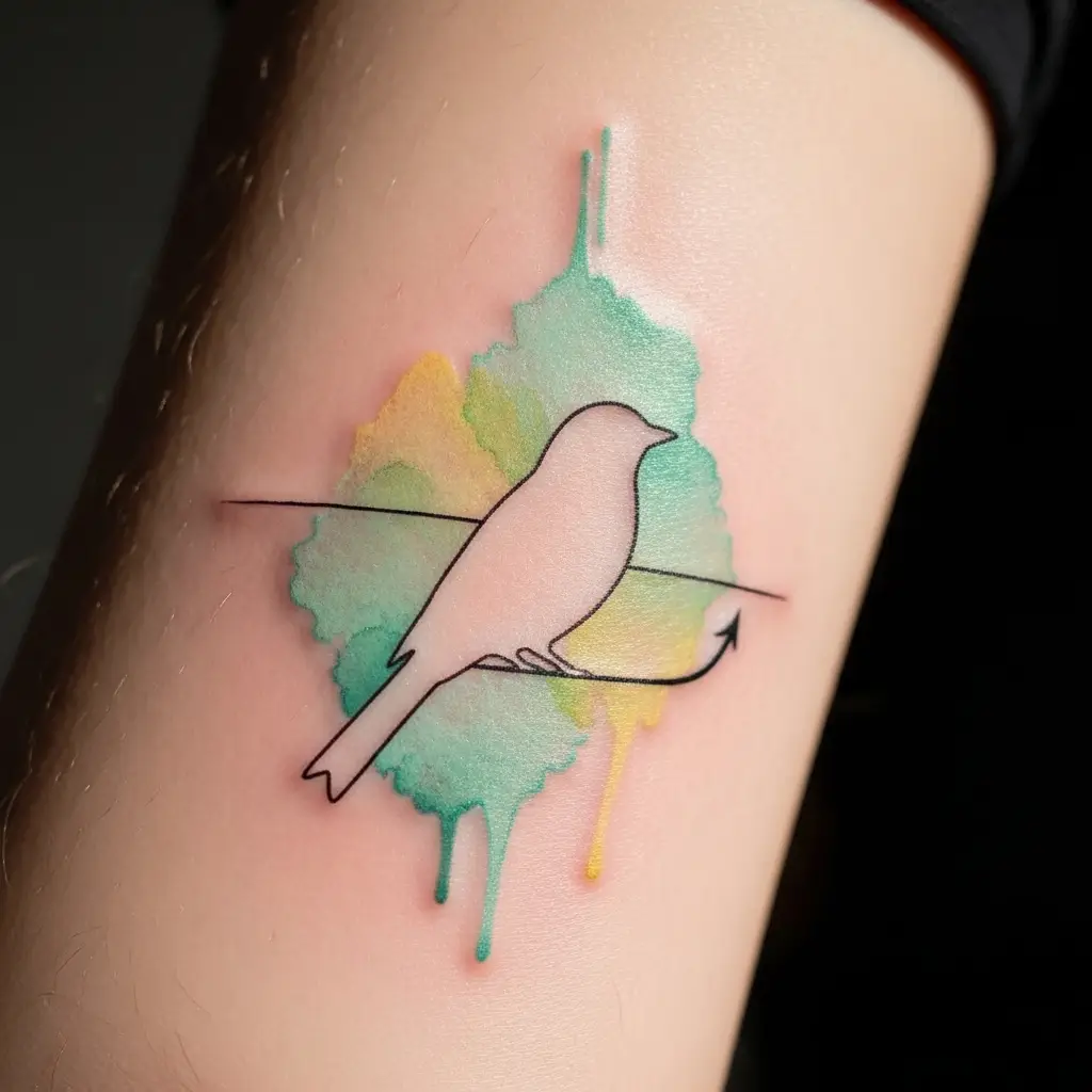 Minimales Abstract Watercolor Tattoo mit Vogelsilhouette und Farbverlauf