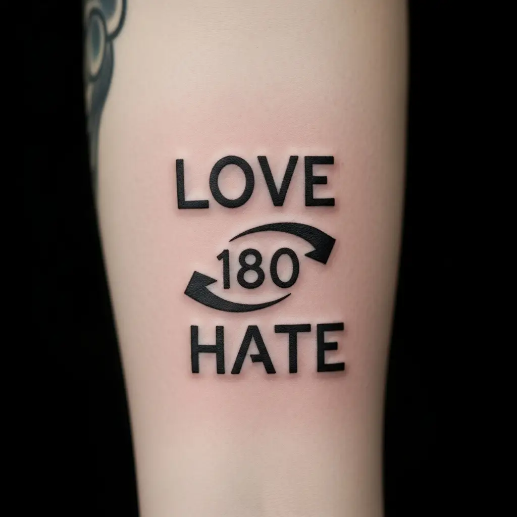 Ambigram Tattoo auf dem Unterarm mit zwei lesbaren Wörtern nach Rotation