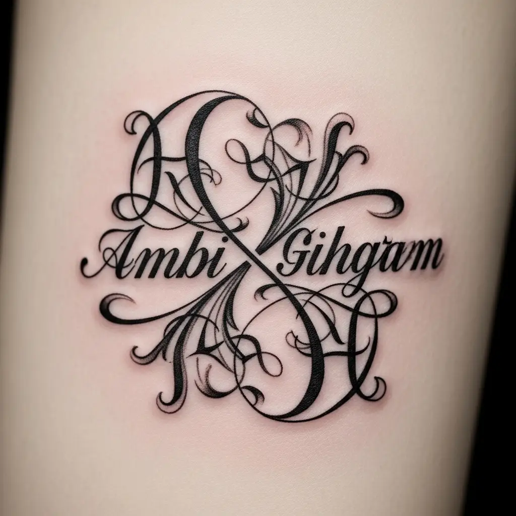 Detailaufnahme eines Ambigram Tattoos mit eleganter Typografie auf heller Haut