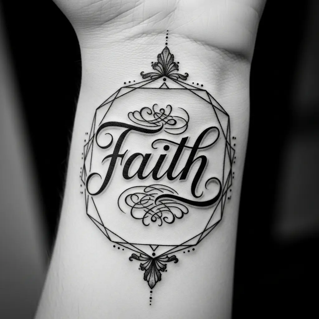 Ambigram Tattoo am Handgelenk mit geometrischem Rahmen und schwarzer Tinte