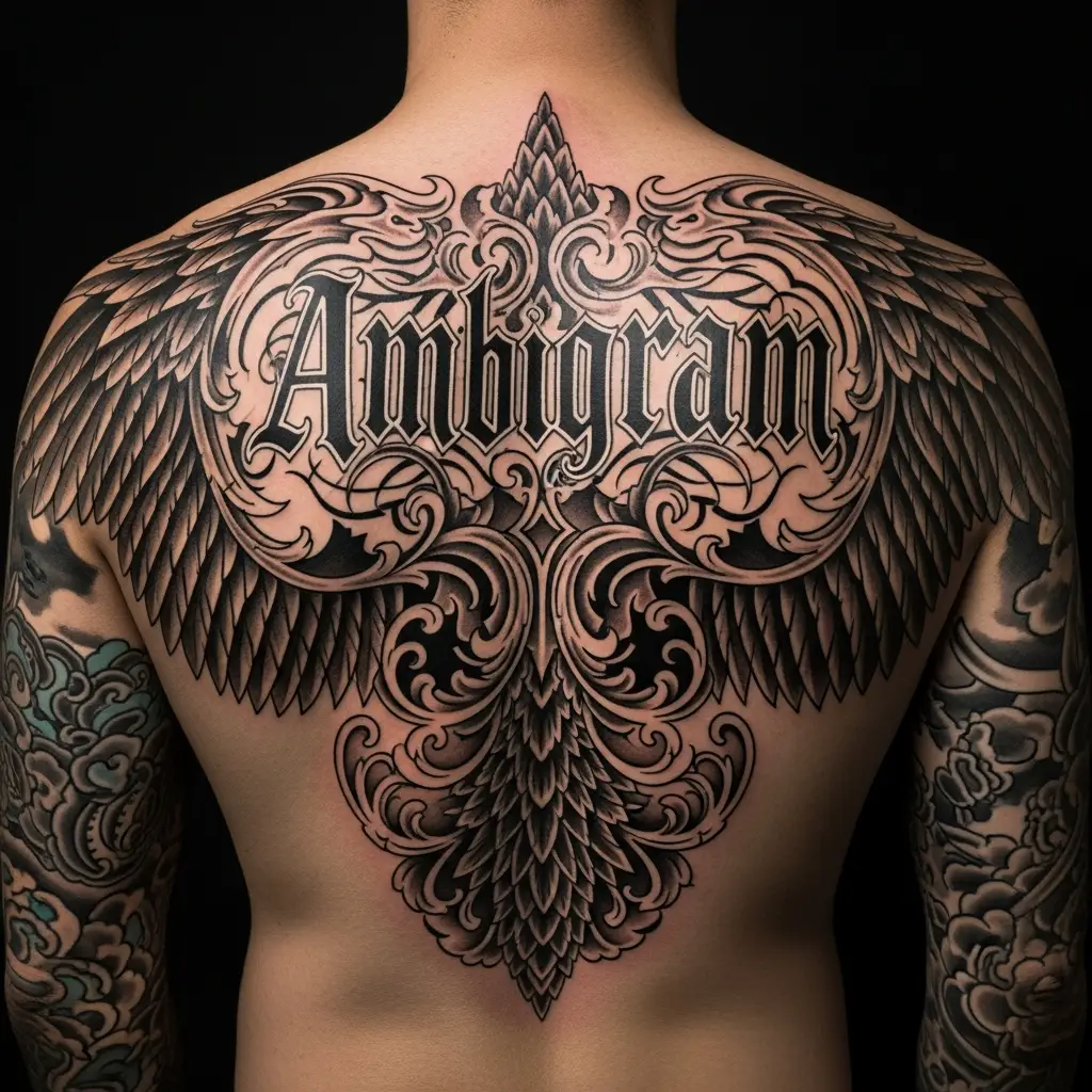 Grosses Ambigram Tattoo auf dem Ruecken mit ornamentalen Fluegeln und Schriftzug