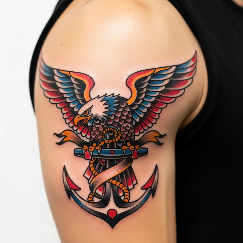 American Traditional Tattoo mit Adler und Anker auf dem Oberarm