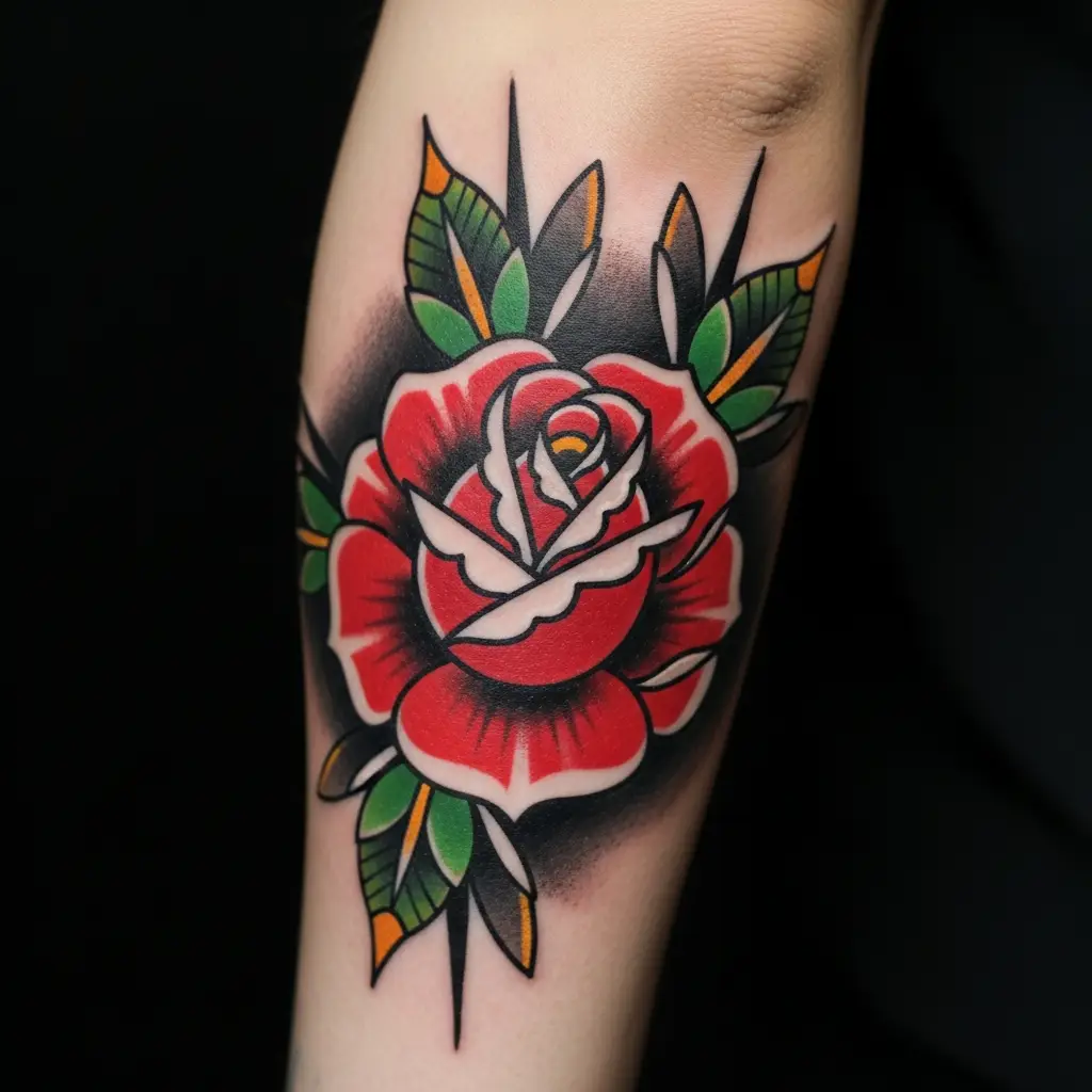 Klassisches American Traditional Rosen-Tattoo auf dem Unterarm in Rot und Grün