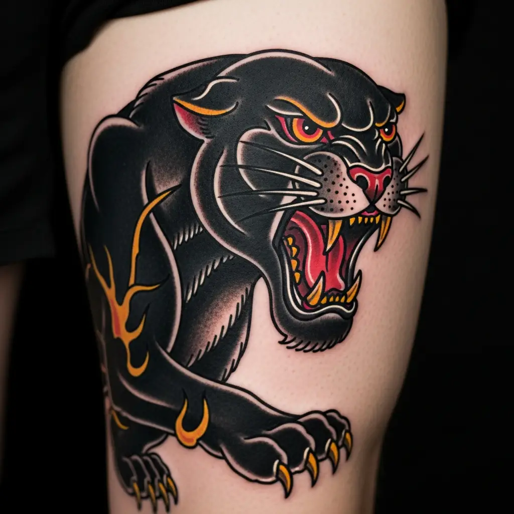 American Traditional Panther-Tattoo auf dem Oberschenkel mit kräftigen Farben