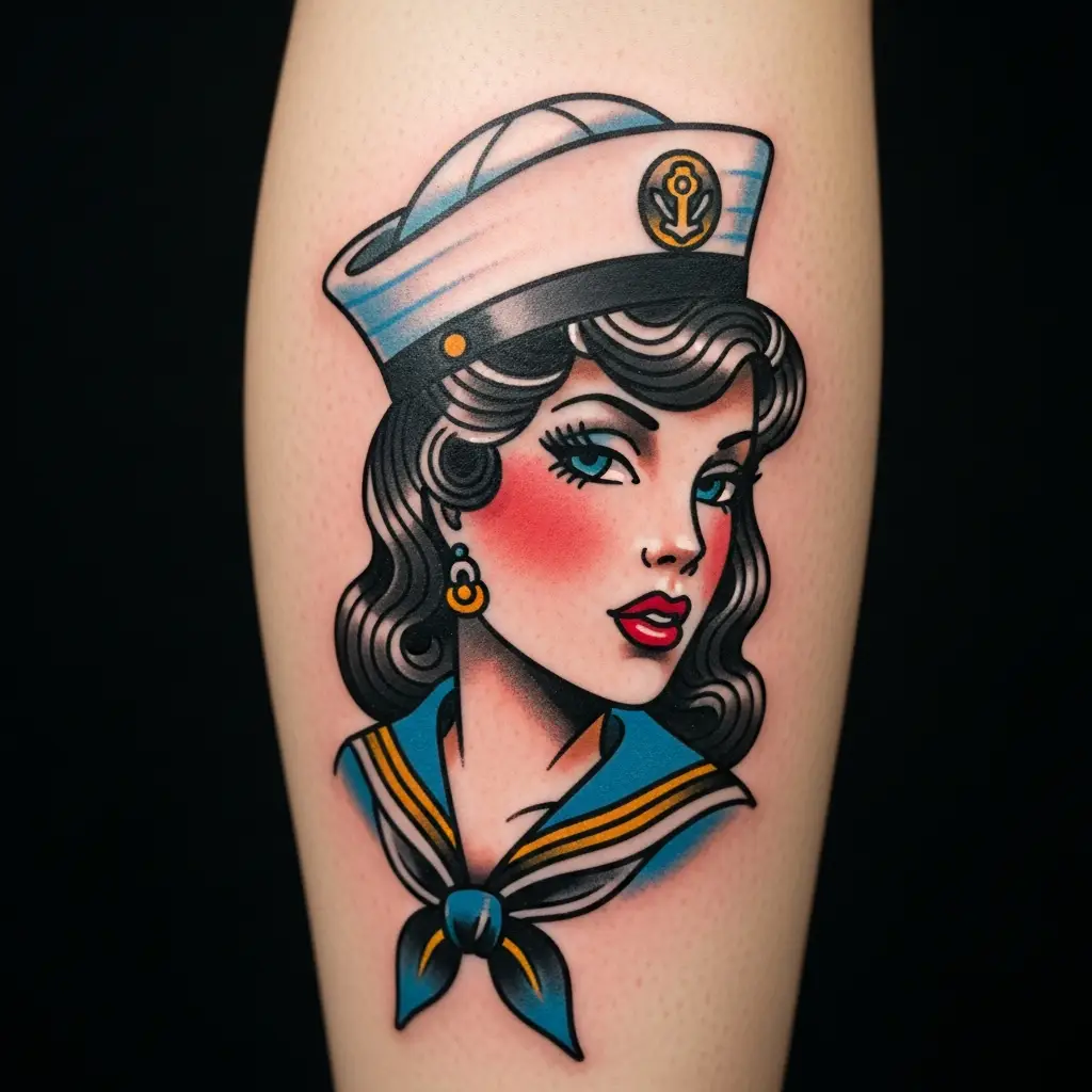 American Traditional Sailor-Girl-Tattoo auf der Wade in klassischen Farben
