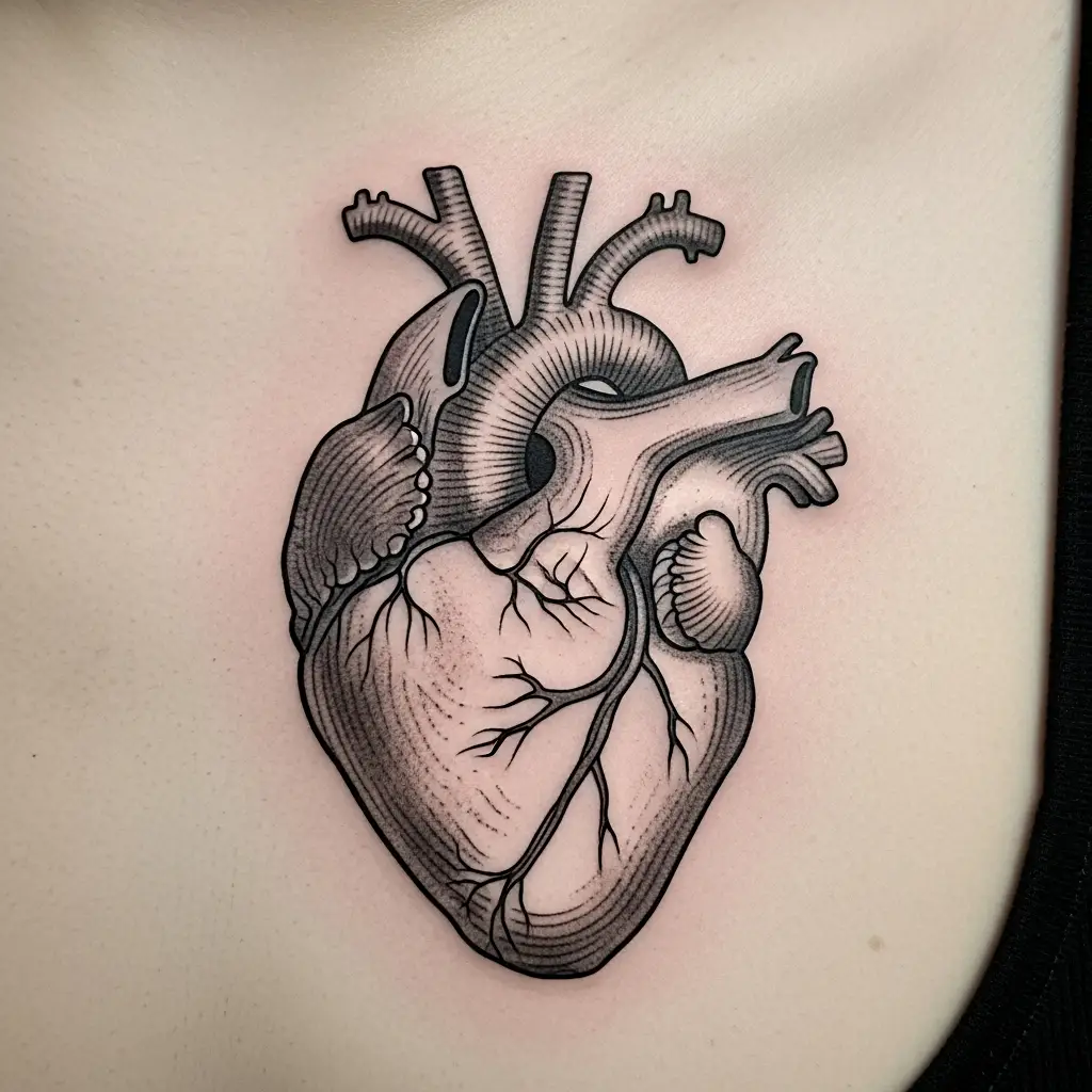 Anatomical Tattoo mit detailliertem Herzmotiv auf der Brust in Black-and-Grey