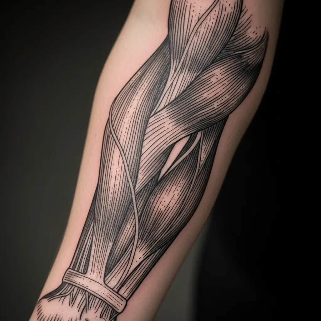 Anatomical Tattoo zeigt Unterarmmuskeln und Sehnen in praeziser Linienarbeit