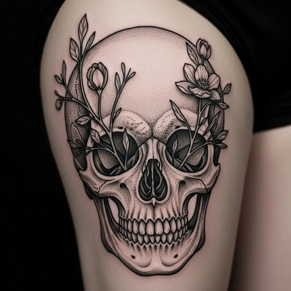 Anatomical Tattoo mit Schaedel und botanischen Elementen auf dem Oberschenkel