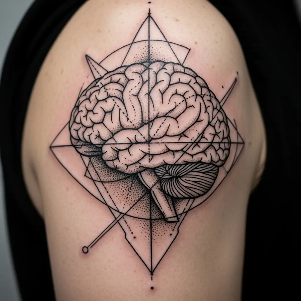 Anatomical Tattoo zeigt Gehirn mit geometrischen Elementen auf dem Oberarm