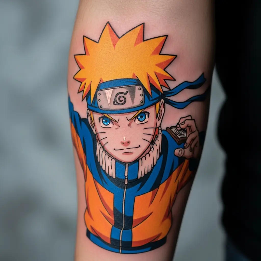 Farbenreiches Anime Tattoo mit Naruto-Charakter auf dem Unterarm
