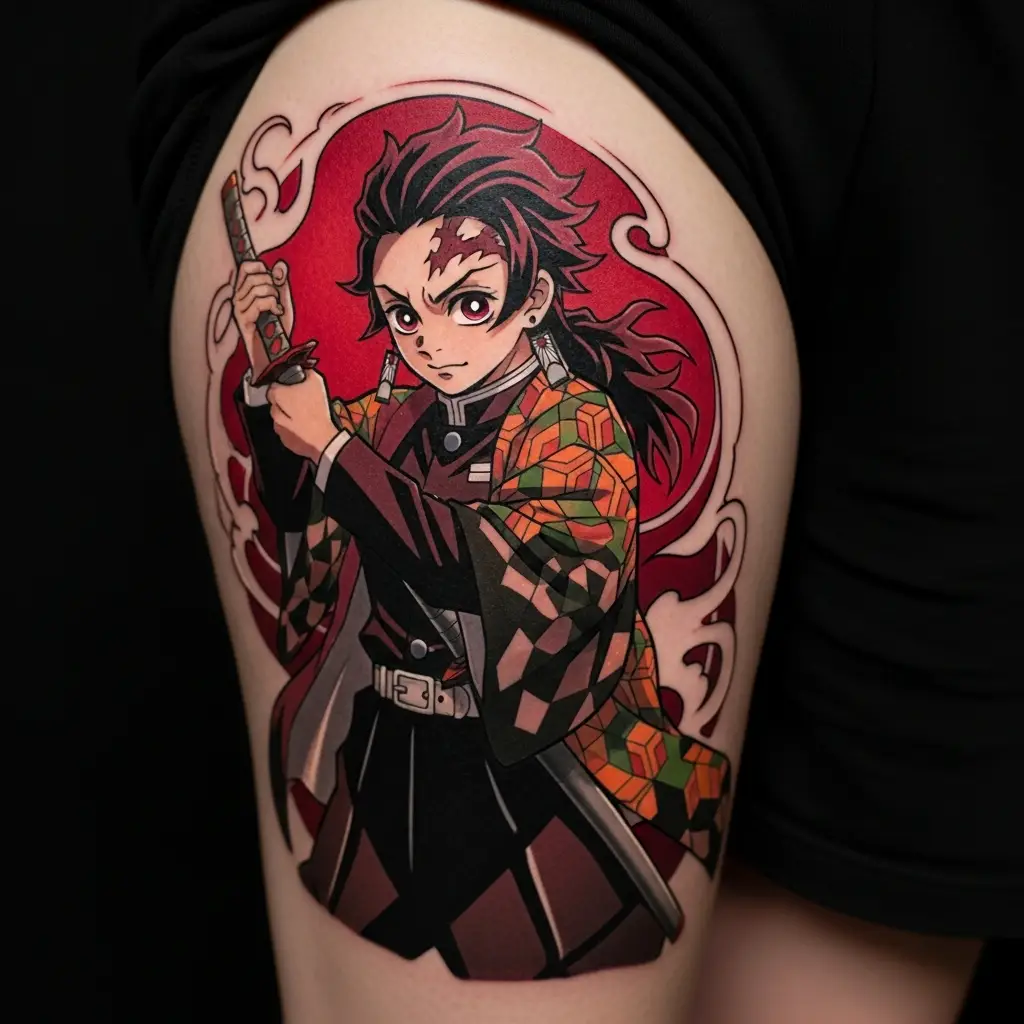 Detailliertes Anime Tattoo mit Demon-Slayer-Motiv auf dem Oberschenkel