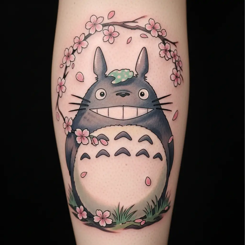Studio-Ghibli-inspiriertes Anime Tattoo mit Totoro-Motiv auf der Wade