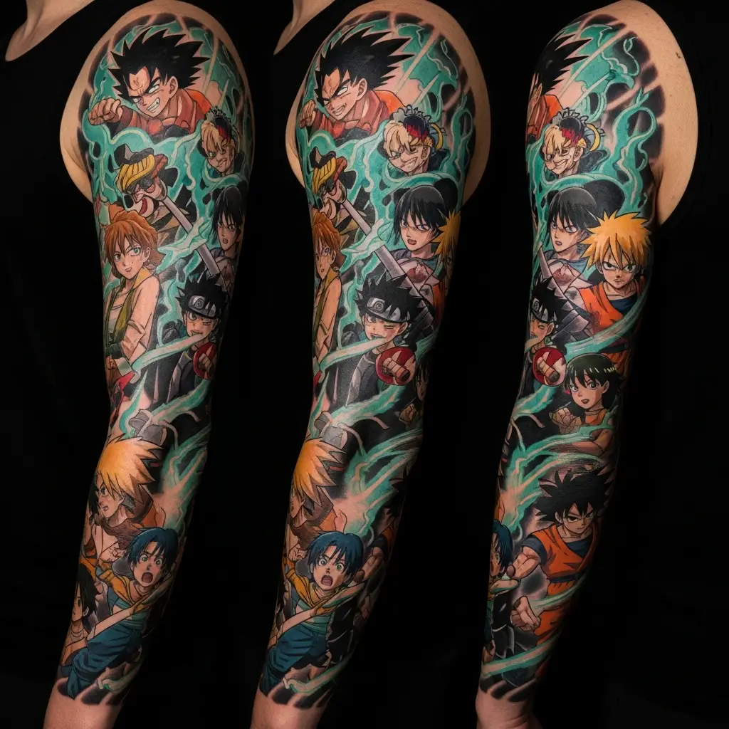 Grossformatiges Anime-Sleeve-Tattoo mit mehreren Charakteren am Arm