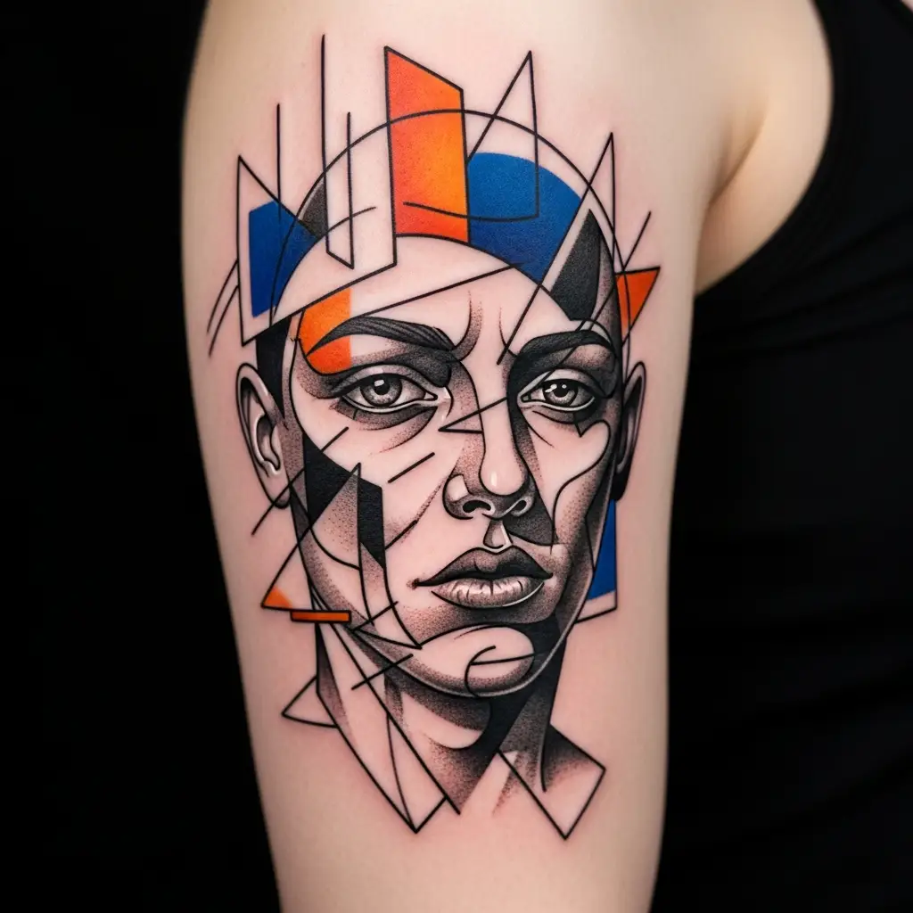 Avantgarde Tattoo mit surrealistischen Formen und kräftigen Farbkontrasten am Oberarm