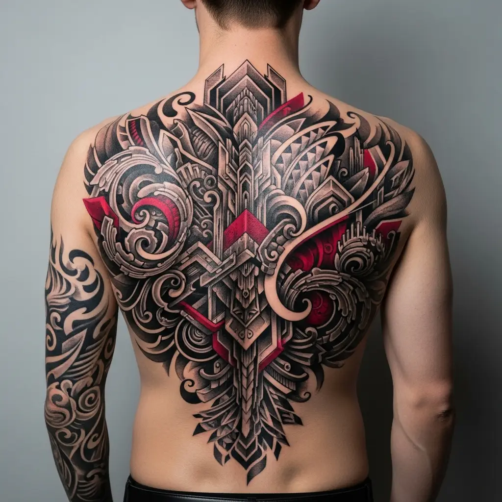 Avantgarde Tattoo mit abstrakter Komposition und expressiven Linien auf dem Rücken