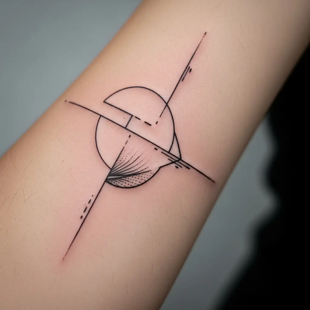 Avantgarde Tattoo mit minimalistischen Fragmenten und bewusstem Weissraum am Unterarm