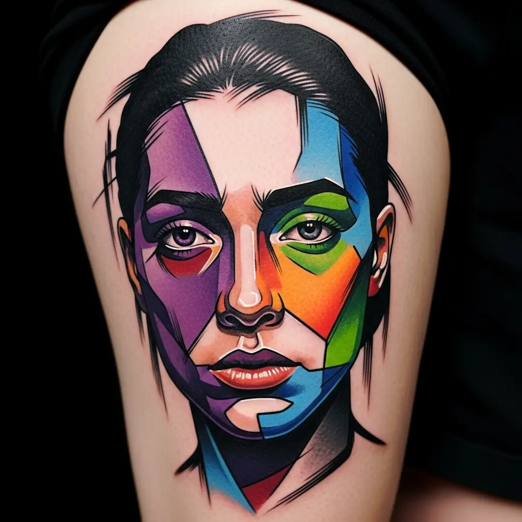 Avantgarde Tattoo mit kubistisch aufgebrochenem Porträt und Farbfeldern am Oberschenkel