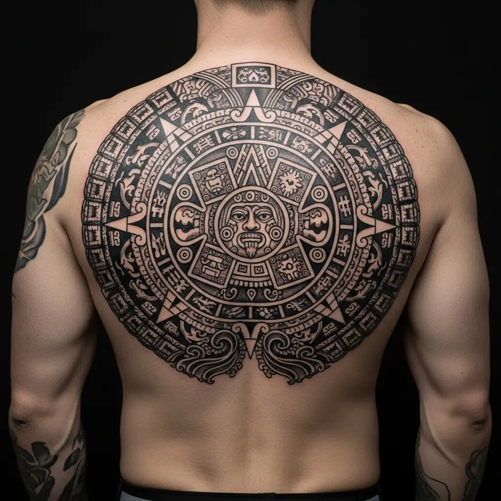 Grosses Aztec Tattoo mit aztekischem Sonnenkalender auf dem Ruecken