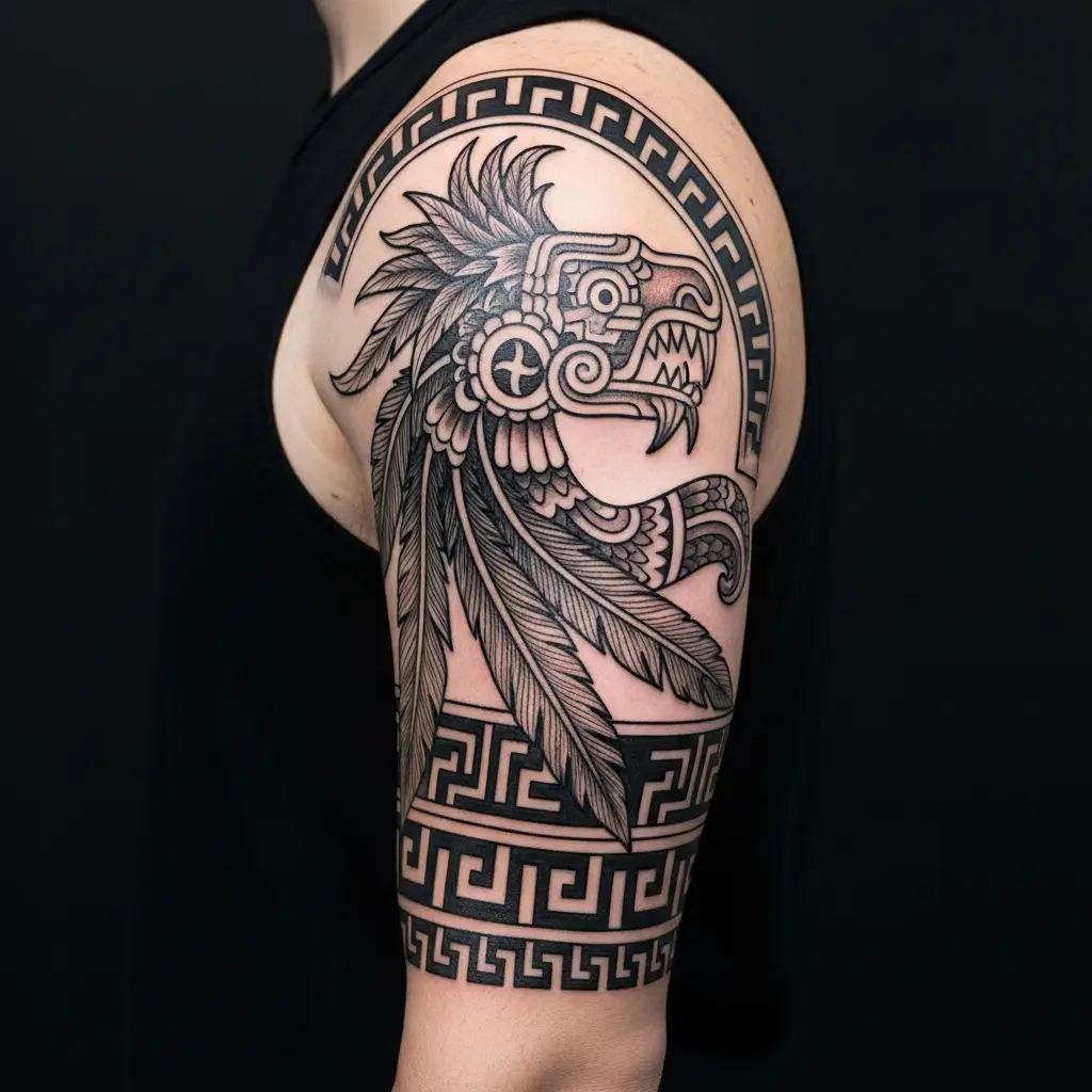 Aztec Tattoo mit Quetzalcoatl Federschlange auf dem Oberarm als Sleeve