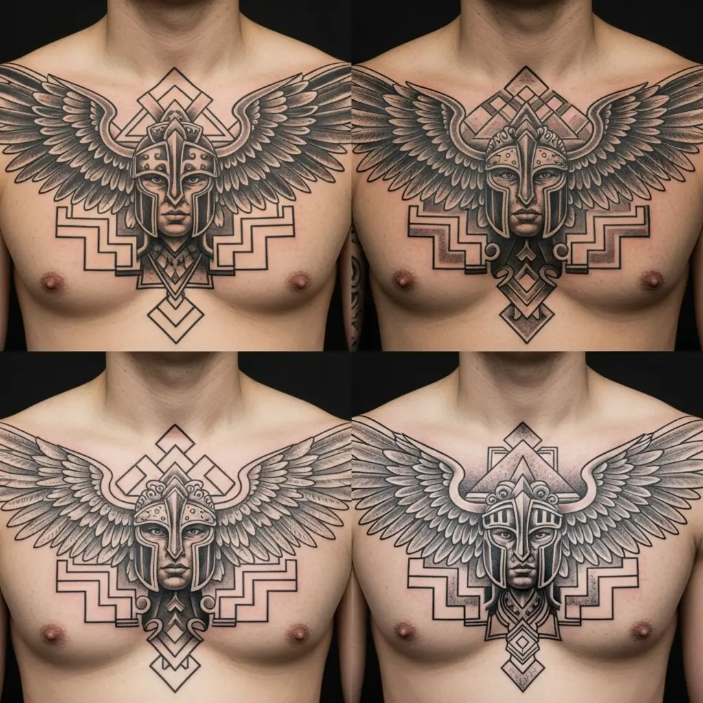 Aztec Tattoo mit Adler und Kriegersymbolik auf der Brust in Schwarzarbeit