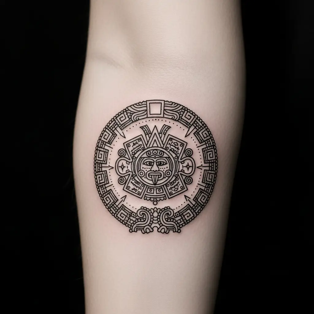 Kleines Aztec Tattoo mit Tageszeichen und Maeandermuster auf dem Unterarm