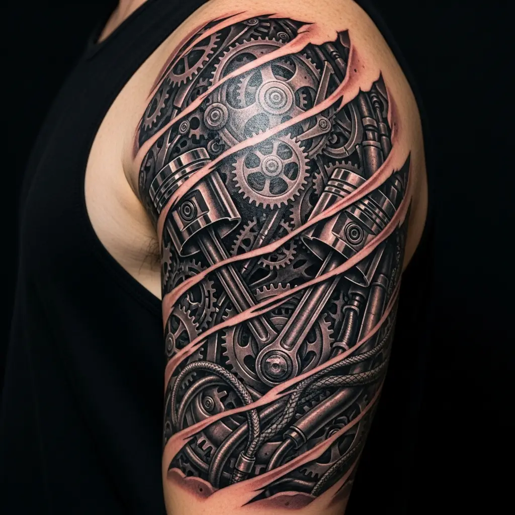 Biomechanical Tattoo mit Zahnrädern und Kolben am Oberarm