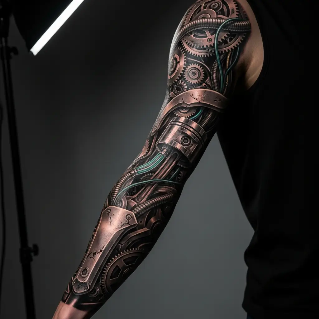 Detailreicher Biomechanical Full Sleeve auf männlichem Arm