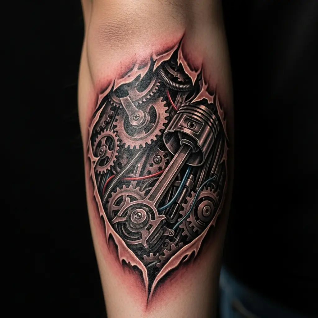 Biomechanical Tattoo Nahaufnahme mit Skin-Tear-Effekt und Metalldetails