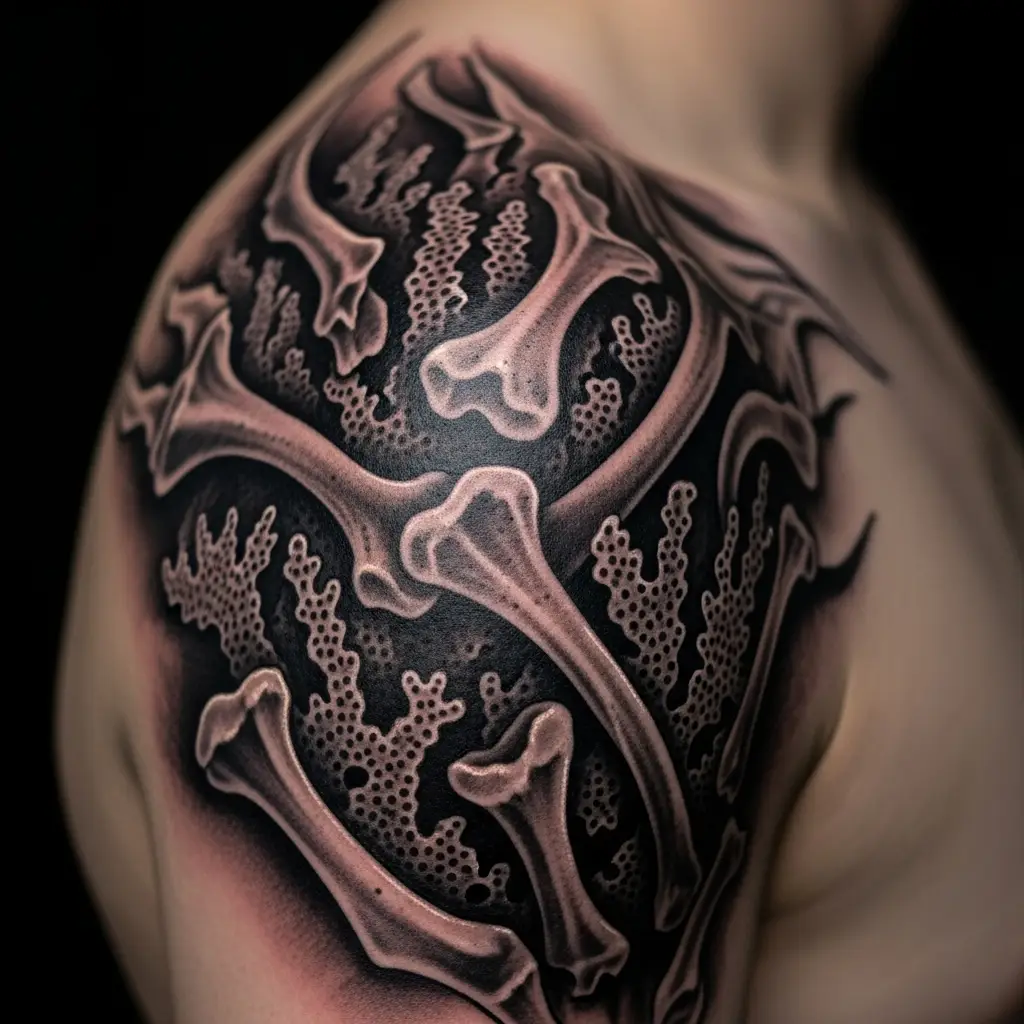 Bioorganic Tattoo mit Knochen- und Korallenstrukturen auf der Schulter