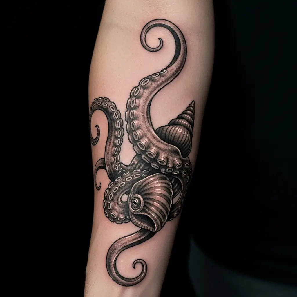 Bioorganic Tattoo mit Tentakeln und organischen Formen auf dem Unterarm