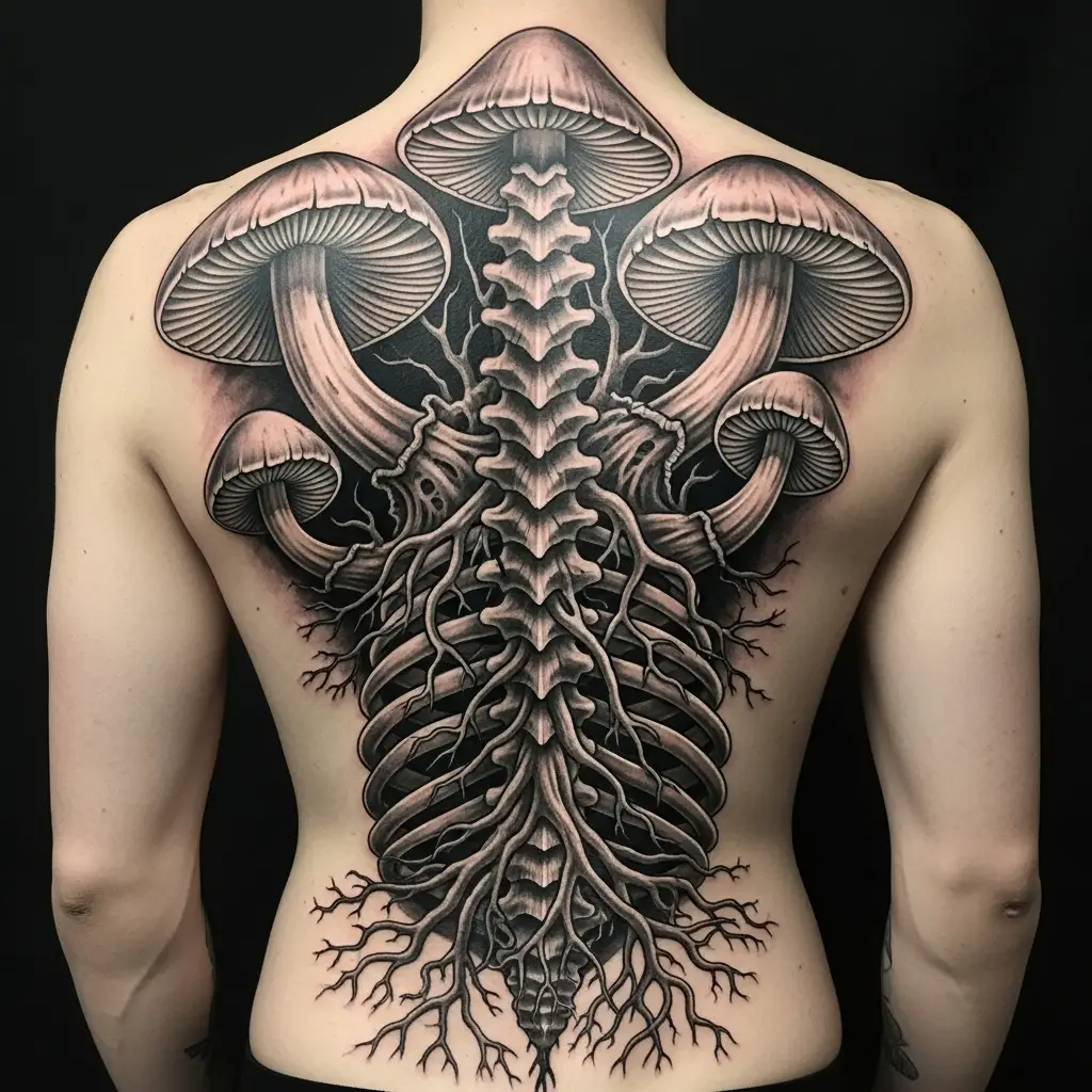 Grossflächiges Bioorganic Tattoo entlang der Wirbelsäule mit Pilz- und Wurzelmotiven