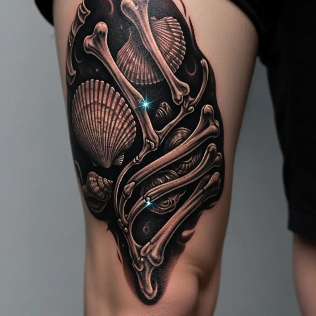 Bioorganic Tattoo auf dem Oberschenkel mit Muschel- und Knochenstrukturen