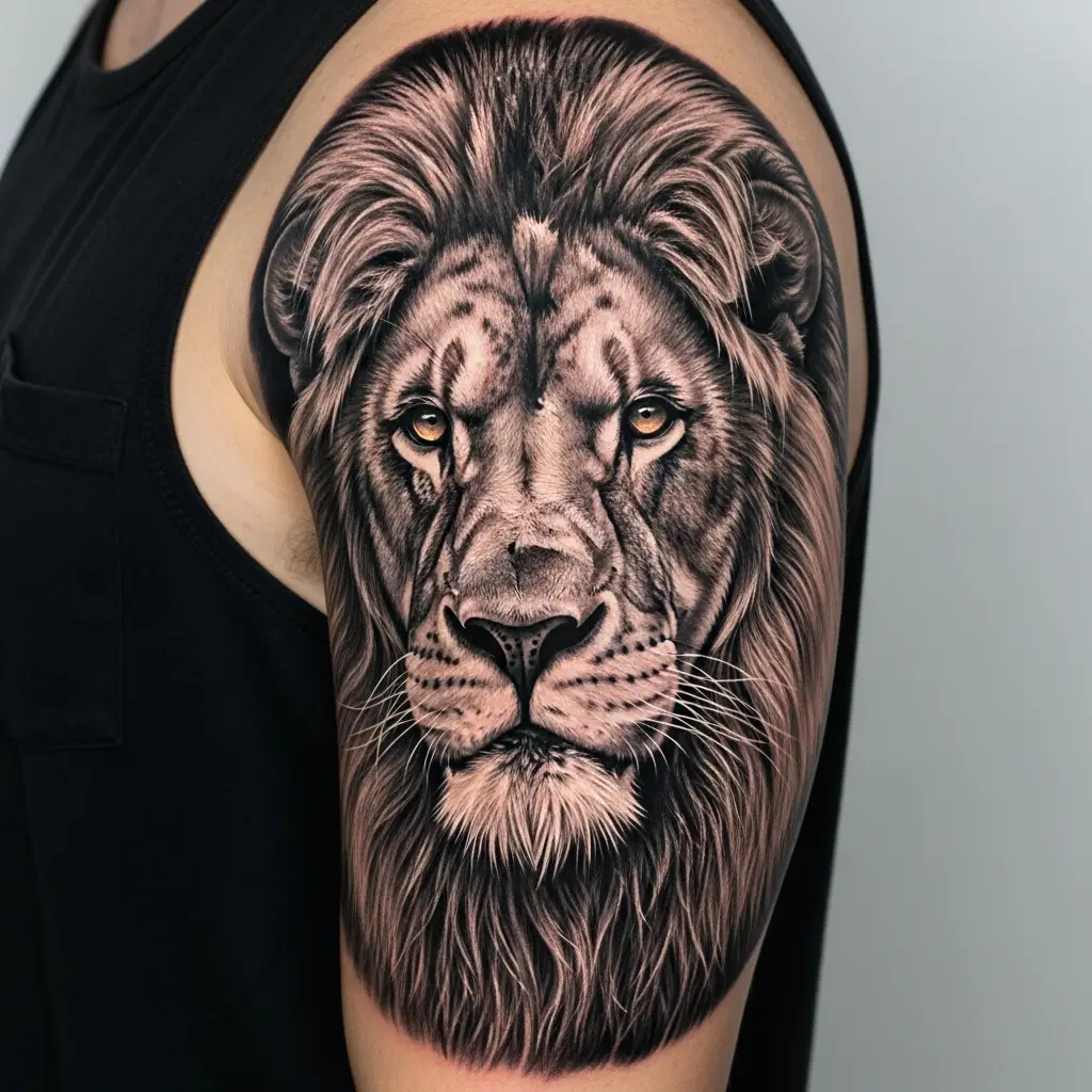 Black and Grey Realism Tattoo eines hyperrealistischen Löwenporträts am Oberarm