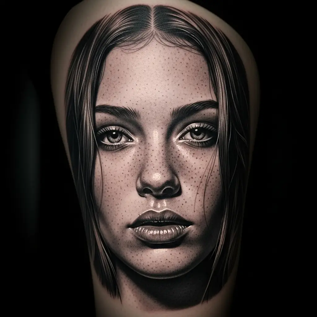 Detailreiches Black and Grey Realism Tattoo mit realistischem Frauenporträt auf dem Oberschenkel