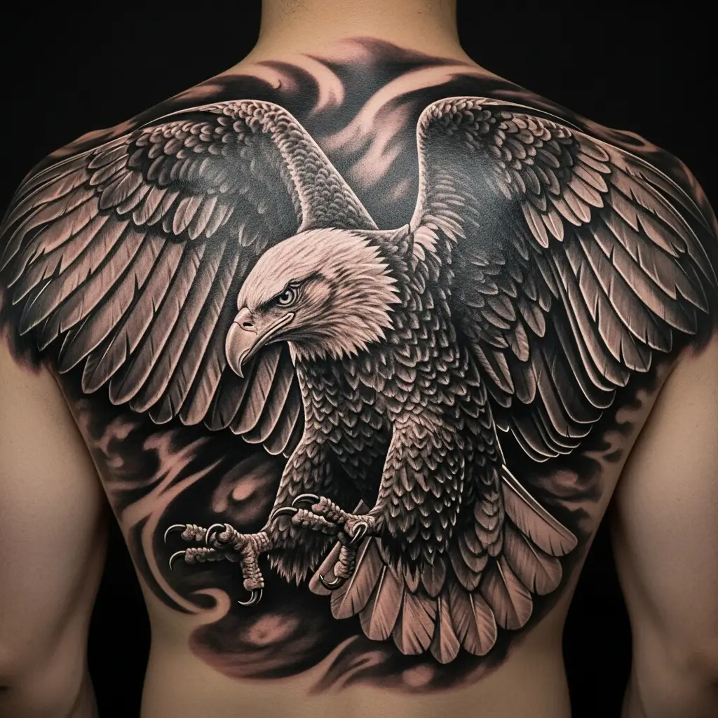 Black and Grey Realism Tattoo eines Adlers mit fein ausgearbeiteten Federtexturen am Ruecken
