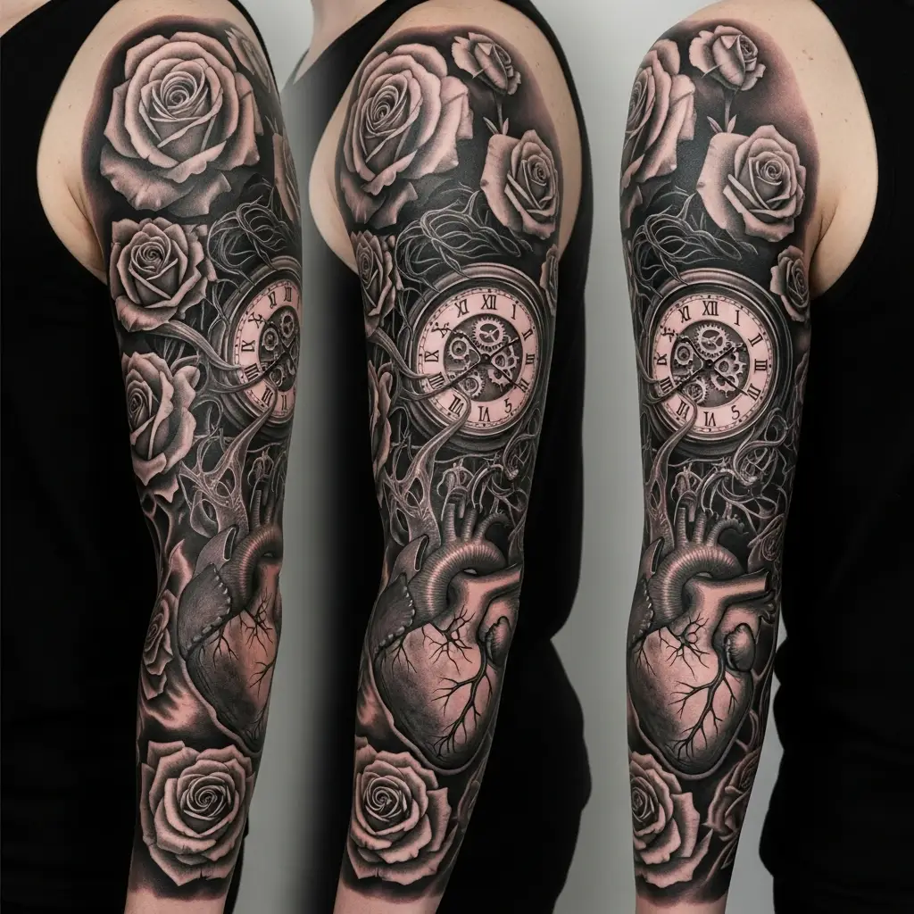 Surrealistisches Black and Grey Realism Sleeve Tattoo mit anatomischen und floralen Elementen