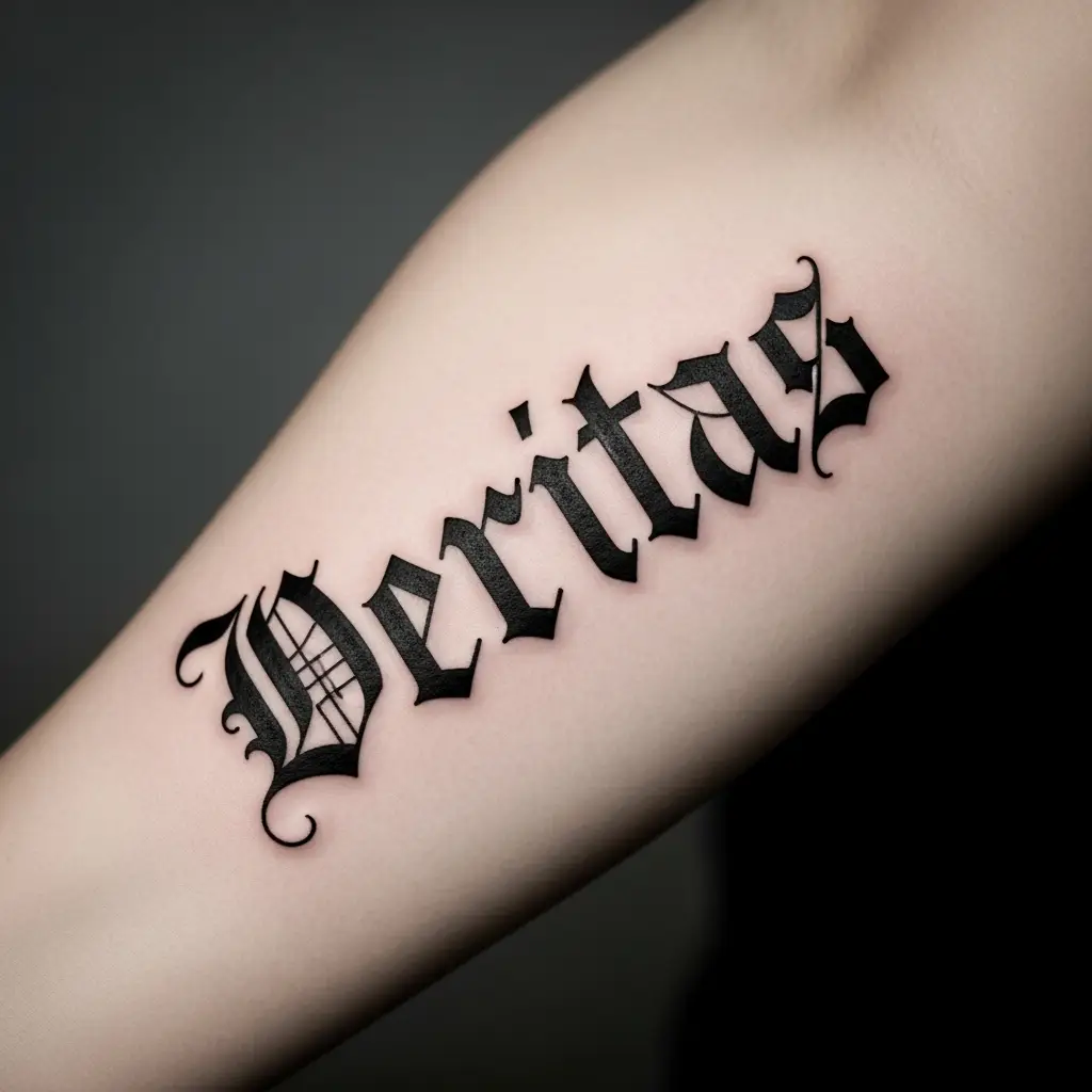 Blackletter Tattoo mit gotischer Frakturschrift auf dem Unterarm